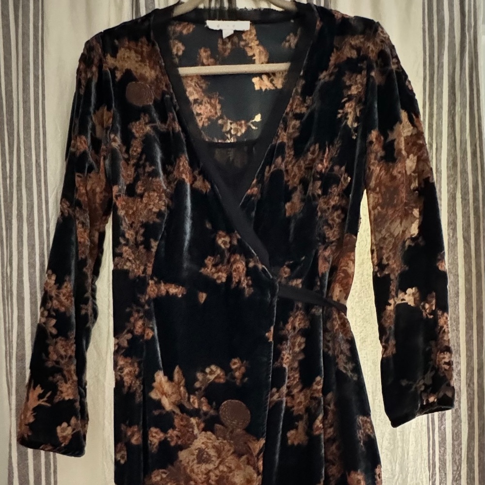 Navy velvet mid length wrap dress with pink floral design